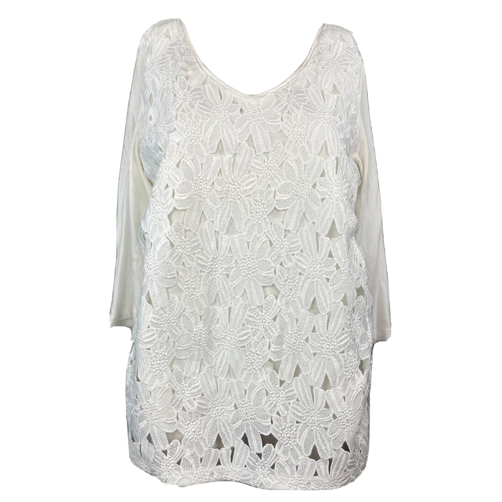 J. Jill‎ Shirt Womens Sz M White Floral Lace Overlay 3/4 Sleeve V Neck